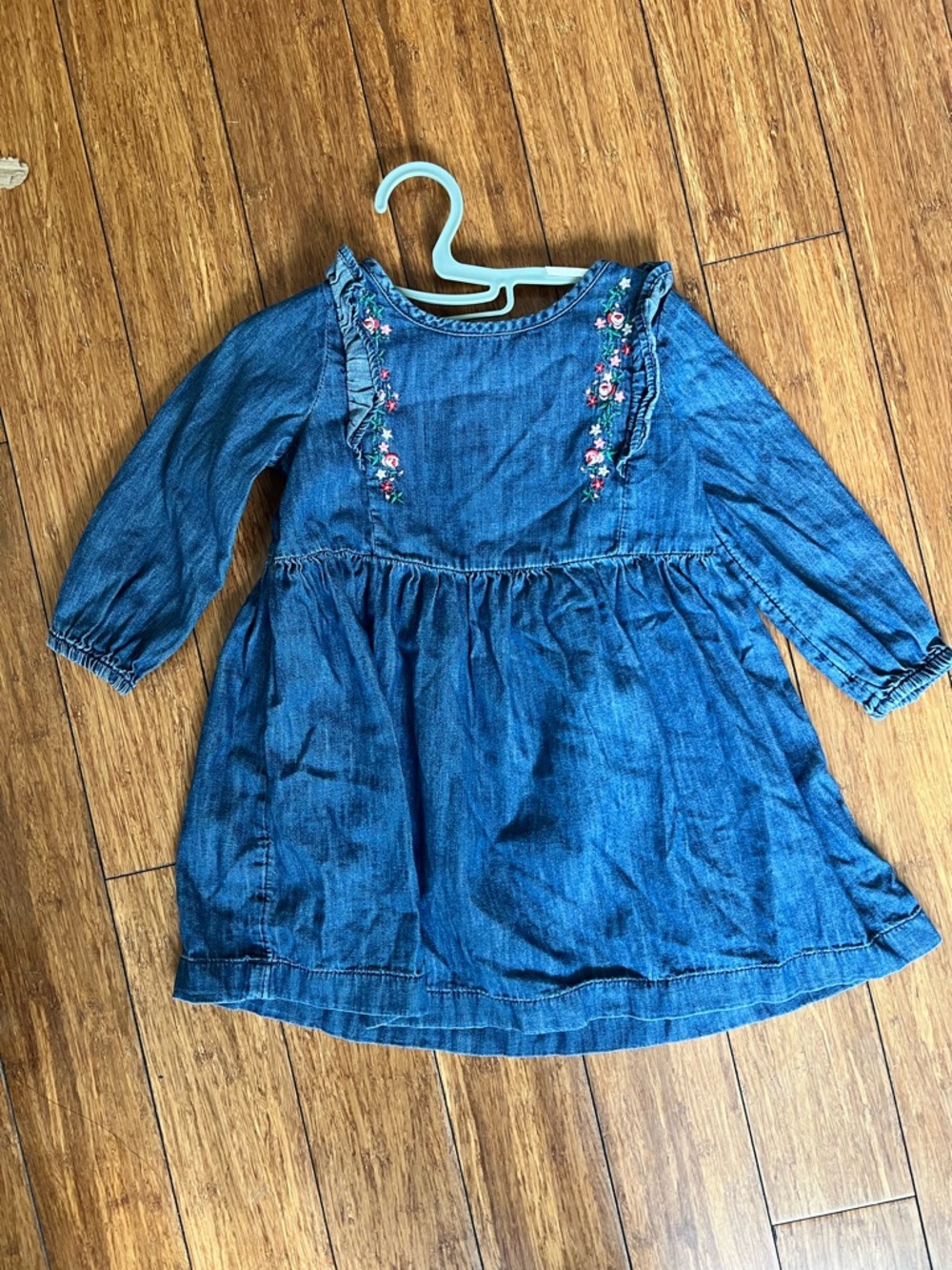 GAP Denim Long-Sleeve Girls Dress with Floral Embroidery
